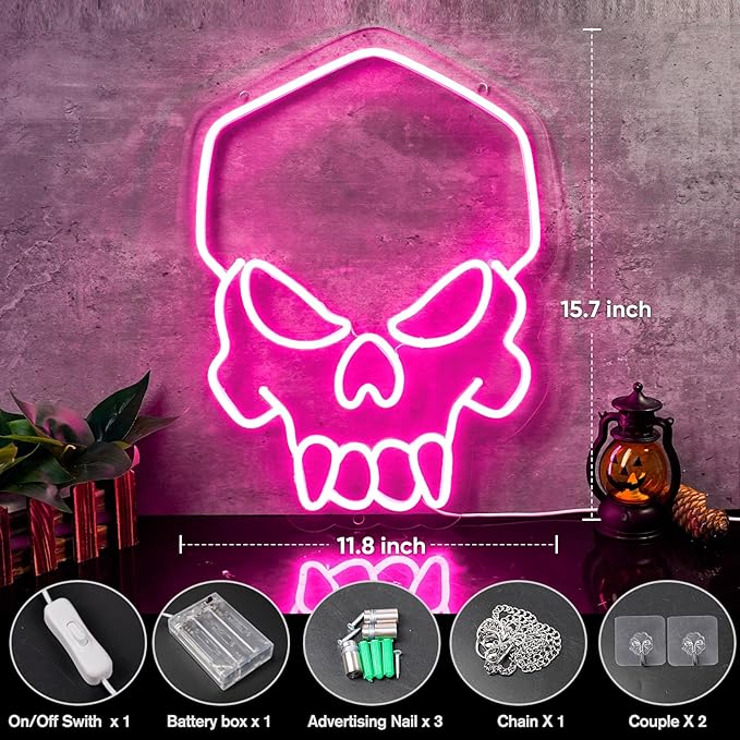 Skull Neon Sign Pink,Halloween Neon Light for Wall Decor, Skeleton LED Neon Sign for Beer Bar Bedroom Art,Skull Head Neon Lights Suitable for Computer Room,5V USB Power 15.75 * 11.8in(Non-Dimmable)-Ruum Studio Home