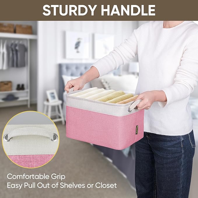 BALEINE 4 Pack Fabric Storage Bins for Shelves, Linen Storage Baskets for Organizing, Decorative Closet Bins for Clothes, Home (Pink, 12"x8"x8")-Ruum Studio Home
