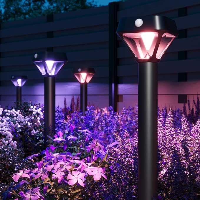 XMCOSY+ Smart Solar Lights Outdoor with Motion Sensor, 150LM APP Control RGBCW Color Changing Garden Lights Solar Powered for Yard Pathway Landscape, Waterproof, 4 Pack-Ruum Studio Home