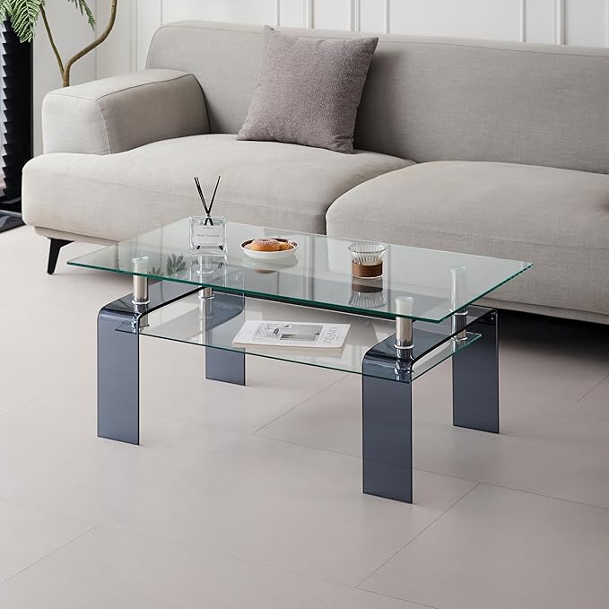 Glass Coffee Table Rectangle Living Room Center Table with Storage, Clear Tempered Glass Tabletop and Smoke Grey Leg,for Living Room and Office (Clear+Smoke)-Ruum Studio Home