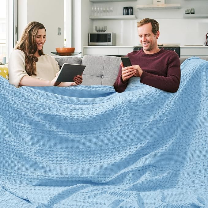 PHF 100% Cotton Waffle Blanket Oversized King 120"x120", Lightweight Breathable Extra Large 10'x10' Summer Blankets for Bed, Giant Big Luxury Aesthetic Woven Bedding for Home Decor, Sky Blue-Ruum Studio Home