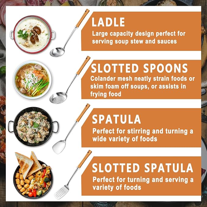 Pleafind 4-Pcs Cooking Utensils Set, Stainless Steel Kitchen Utensils with Wooden Hanlde, Kitchen Essentials Set Include Wok Ladle, Slotted Spoon, Wok Spatula and Slotted Spatula, Dishwasher Safe-Ruum Studio Home