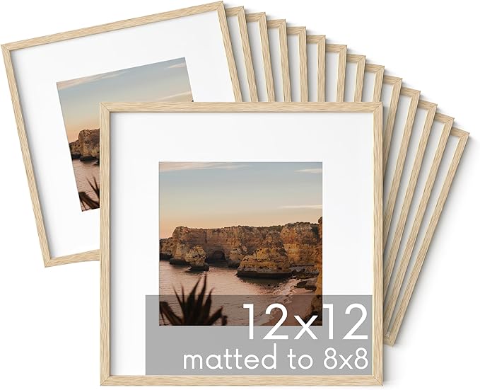 HAUS AND HUES Square Picture Frames Set - 15 Wooden Frames, 12x12 with Mat, Beige Oak Finish-Ruum Studio Home