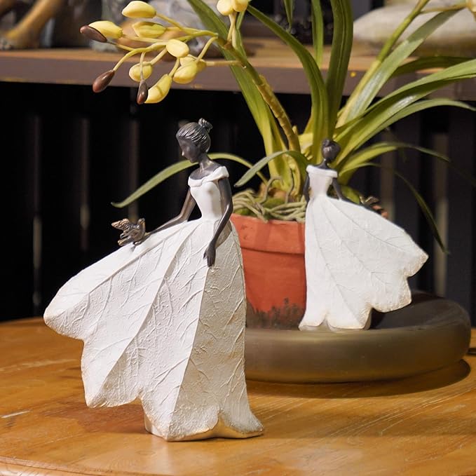Guichifun Fairy Statue Collection Home Decoration - White Leaf Angel Girls with Bird Resin Home Decor for Outdoor or Indoor Outdoor Yard Decorations Figurines Retirement Gift 8.5 x 5.25 x 12 Inch-Ruum Studio Home