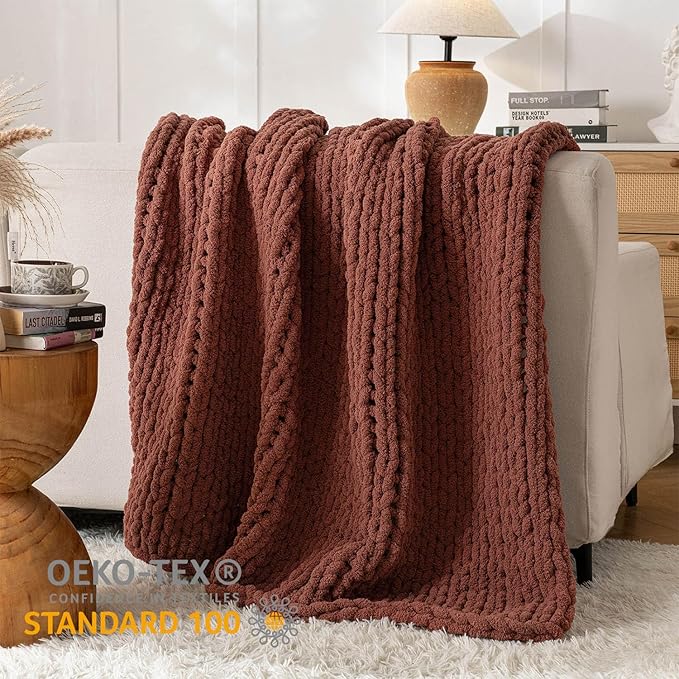 Chunky Knit Blanket Throw, 100% Hand Knit Throw Blanket Handmade Chenille Cable Knit Throw for Couch, Stylish Cozy Soft Rope Knot Crochet Blanket for Home Decor, Copper Brown, 50x60 Inches-Ruum Studio Home