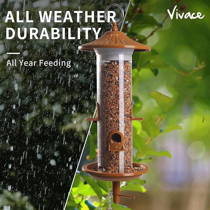 Vivace Hanging Bird Feeders, Easy to Fill 12" Tube Metal Bird Feeder for Outdoors, 4 Ports, with S Hook-Ruum Studio Home