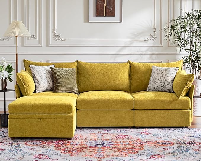 102.6" Modular Sectional Sofa, L Shaped Couch Set for Living Room, 3-Seater Comfy Cloud Couches with Movable Storage Ottoman,DIY Combination - Chenille Yellow-Ruum Studio Home