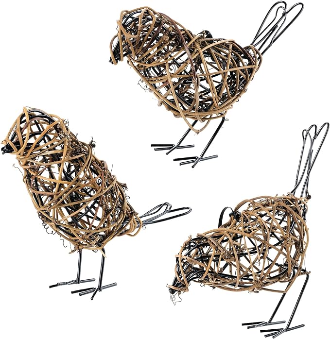 Natural Farmhouse Decor Set of 3 - Handwoven Rattan Bird Statue Table Decor, Multi-Pose Shelf & Mantel Accents-Ruum Studio Home