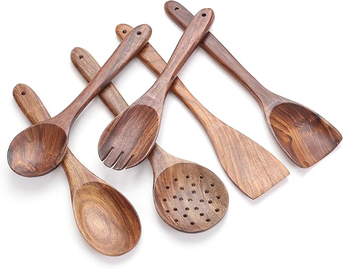 Wooden Spoons for Cooking Utensils Set with Holder, Spoon Rest & Hooks, Teak Wood Nonstick Kitchen Cookware-Ruum Studio Home