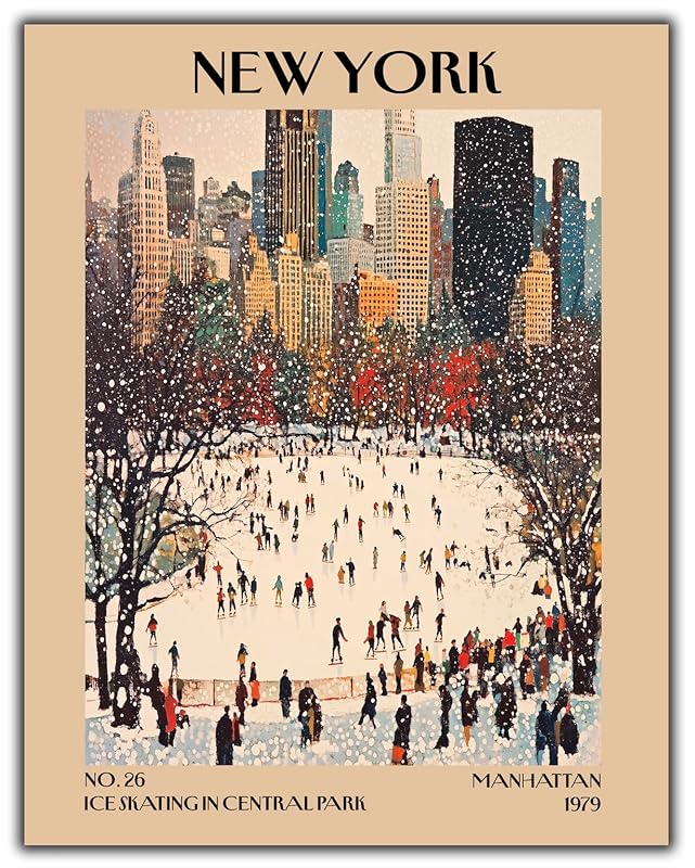 Retro Vintage New York Wall Art Print - 11x14 Unframed Poster - New York City Souvenirs, Cute Trendy Colorful Wall Decor (Ice Skating in Central Park, 11x14")-Ruum Studio Home