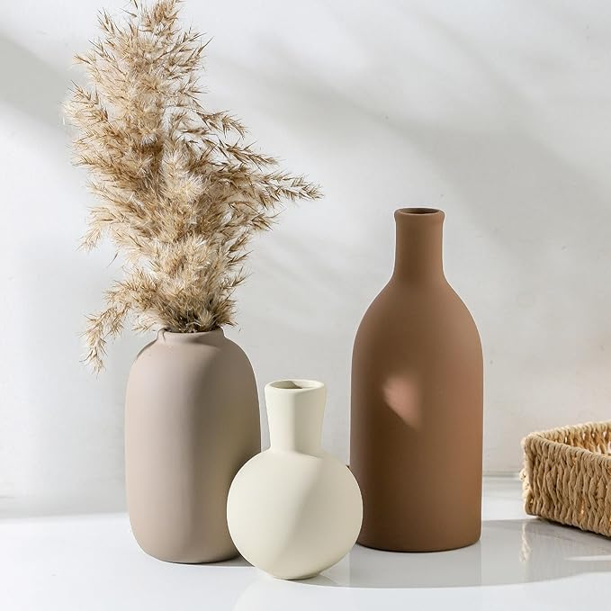 Ceramic Vases Set of 3, Modern Neutral Rustic Farmhouse Home Decor Pottery Pampas Decoration for Living Room, Table, Bathroom, Bedroom, Entryway - Brown-Ruum Studio Home