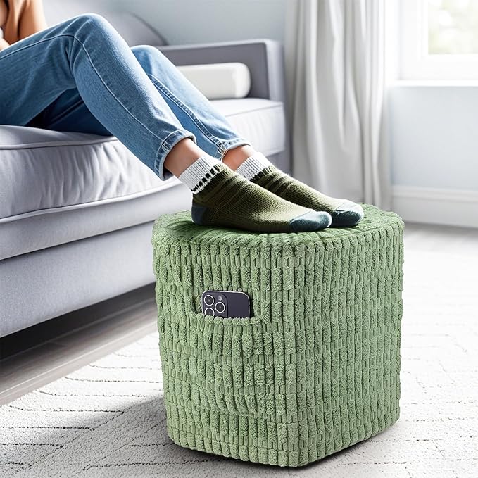 Hexagon Pouf Ottoman Stuffed with 2 Pockets & Handle, Comfort Corduroy Poufs, Non-Slip Foot Stool Storage Ottoman, Foam Floor Poufs Foot Rest for Couch, Bedroom (Green)-Ruum Studio Home