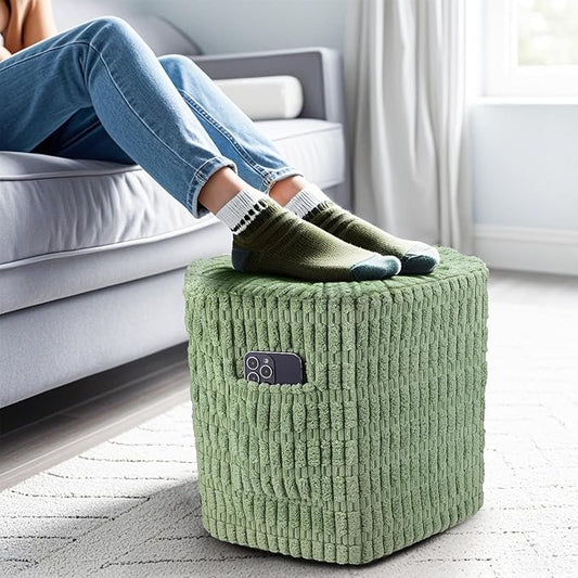 Hexagon Pouf Ottoman Stuffed with 2 Pockets & Handle, Comfort Corduroy Poufs, Non-Slip Foot Stool Storage Ottoman, Foam Floor Poufs Foot Rest for Couch, Bedroom (Green)-Ruum Studio Home