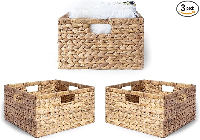 Large 14.5” x 13.5” x 8” (Set of 3) Natural Water Hyacinth Woven Storage Baskets, Rectangular Wicker Basket with Built-in Handles, Large (Natural)-Ruum Studio Home