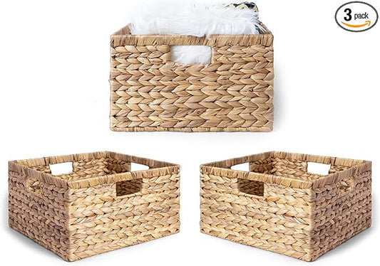 Large 14.5” x 13.5” x 8” (Set of 3) Natural Water Hyacinth Woven Storage Baskets, Rectangular Wicker Basket with Built-in Handles, Large (Natural)-Ruum Studio Home
