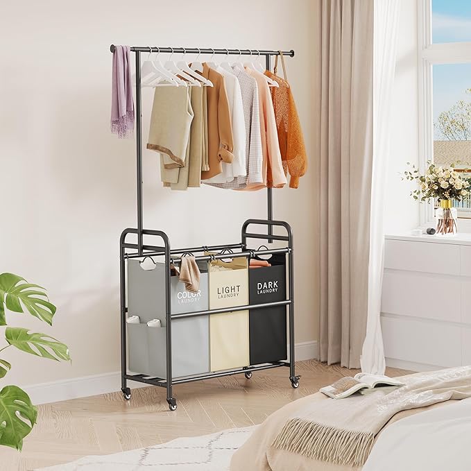 Tajsoon Laundry Sorter Cart with Hanging Clothes Rack, 3 Butler Sorter Basket Organizer, Laundry Hamper Cart with Heavy Duty Rolling Lockable Wheels, 3 Colors-Ruum Studio Home