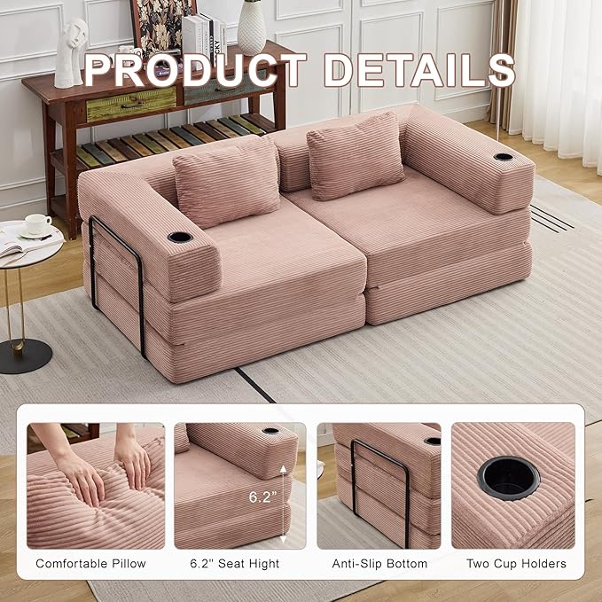 78" W Loveseat Sofa, 4 in 1 Convertible Floor Sofa Bed, Boneless Cloud Couch with Cup Holder, Fold Out Floor Couch, Loveseat Recliner Sleeper for Living Room Bedroom Lounge(Corduroy, White)-Ruum Studio Home