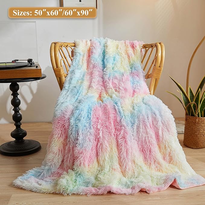 XeGe Plush Faux Fur Rainbow Throw, Tie Dye 50x60 Shaggy Furry Blanket, Fluffy Microfiber Velvet Couch Throw, Soft Colorful Fuzzy Lap Blanket for Girls Teens Women Kid Rainbow Print-Ruum Studio Home