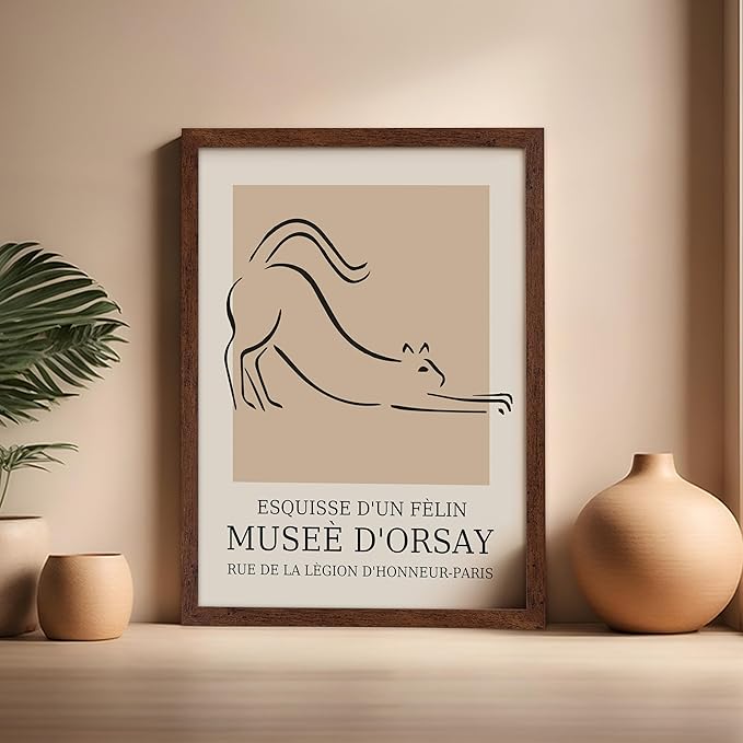 Poster Master Vintage Poster - Retro Minimalist Print - Gift for Artist, Housewarming - Cat, Line Drawing, Sketch, Abstract - Wall Decor for Living Room, Bedroom, 16x20 Brown Framed-Ruum Studio Home