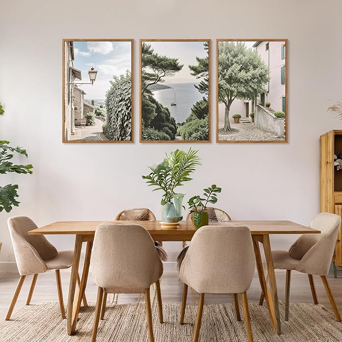 Aurlan Neutral Italy Cityscape Gallery Framed Wall Art(16"x24"), 3PCS Vintage Mediterranean Countryside Landscape Canvas Artwork, Large Town Coast Streets Travel Decor Prints for Office Home-Ruum Studio Home