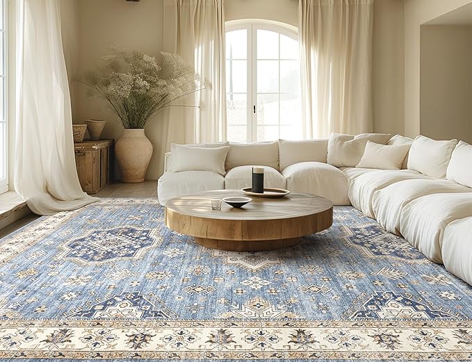 Washable Area Rugs for Living Room -10x13 Neutral Vintage Distressed Floral Farmhouse Boho Large Soft Floor Rug Indoor Non Slip Carpet for Living Room Bedroom Dining Room Office - Blue-Ruum Studio Home