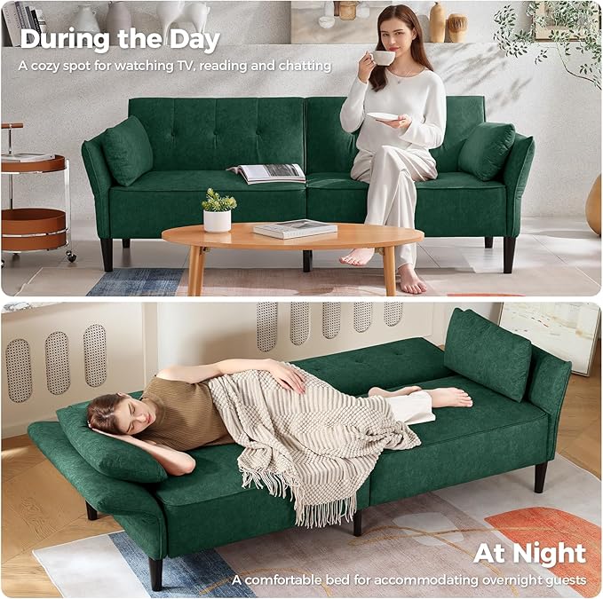 89” Futon Sofa Bed, Velvet Fabric Comfy Futon Couch Bed with 2 Square Pillows, Convertible Sleeper Sofa with Adjustable Backrest& Armrests, Modern Loveseat Sleeper for Living Room, Bedroom-Ruum Studio Home