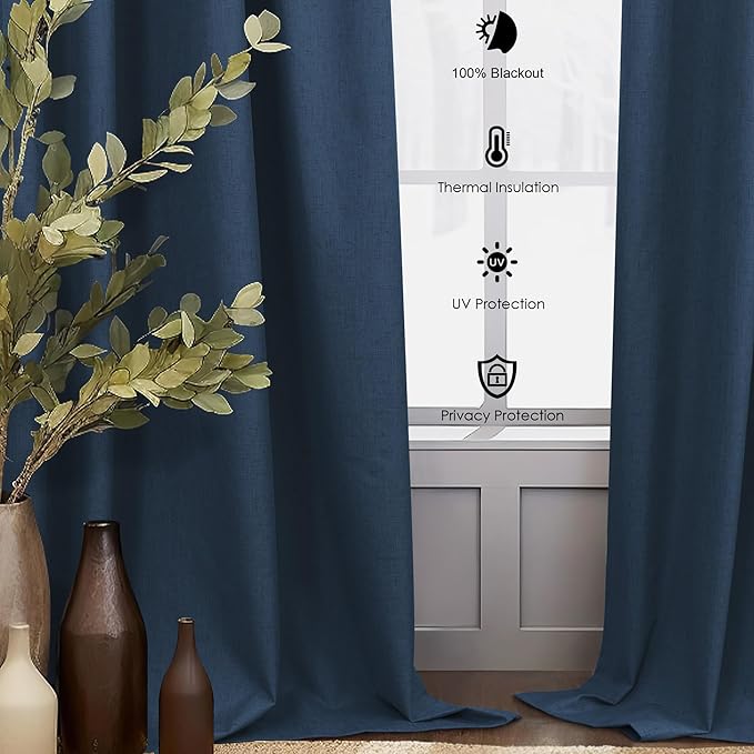 Navy Blue Blackout Curtains for Living Room 84 Inch Length 2 Panel Set Back Tab Pocket Midnight Dark Blue Black Out Linen Window Drape Thermal Insulated Room Darkening Curtain for Bedroom Boys 84 Long-Ruum Studio Home