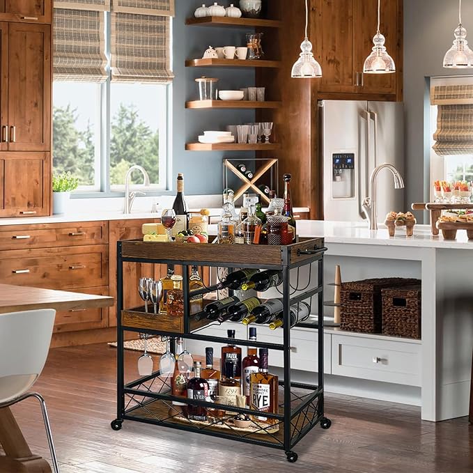 Bar Cart Industrial Kitchen Serving Carts for Home 3 Tier Storage Trolley with Wine Rack Glasses Holder Two Portable Trays Universal Casters with Brakes Rustic Rolling Cart Alcoholic Beverage-Ruum Studio Home