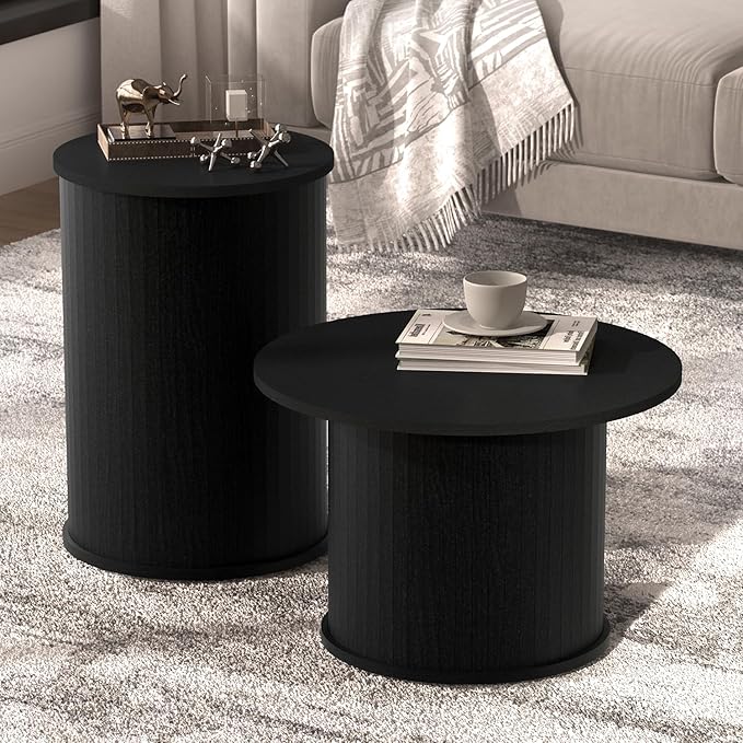 Set of 2 Round Nesting Coffee Tables for Living Room, Fluted Circle Black Wood Coffee and End Table Sets for Apartment, Small Spaces, Bedroom, Modern Style, Easy Assembly & Maintenance-Ruum Studio Home