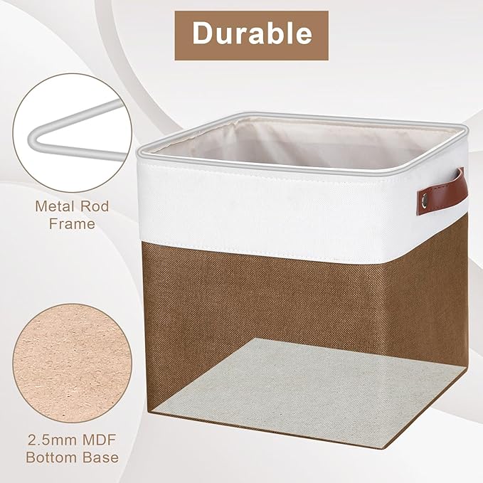 Collapsible Fabric Storage Cubes 11x11 Cube Storage Bins, 4 Pack Closet Baskets Box with Handles for Organizing, Shelf, Toys, Clothes, Home, Office, Nursery (Brown&White)-Ruum Studio Home