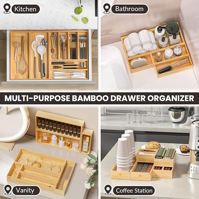 Kitchen Drawer Organizer Bins, Stackable Bamboo Drawer Organizer for Silverware, Flatware, Deep Office Desk Drawer Organizer Tray, Desktop Pen, Office Organization 9" x 6" x 2.5" (Set of 2)-Ruum Studio Home