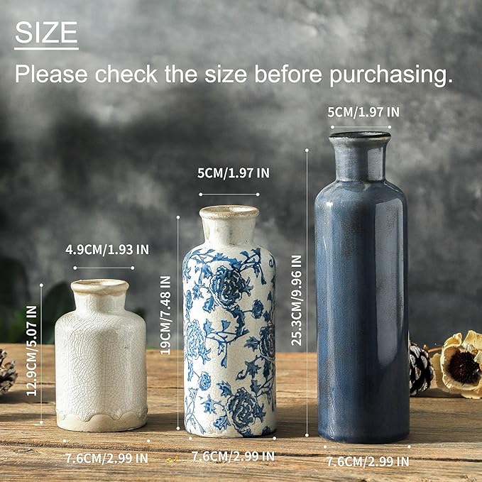Ceramic Vintage Vases Set of 3, Blue and White Flower Decorative Vase Chinoiserie Decor Rustic Farmhouse Retro Floral Vases for Table Bookshelf Mantel Kitchen Living Room Office-Ruum Studio Home