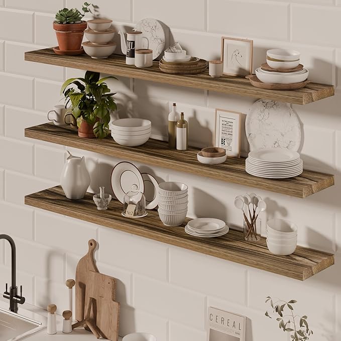48 Inch Floating Shelves, 8 Inch Deep Floating Shelves for Wall, Hanging Shelf with Invisible Brackets, Wall Mounted Display Shelves for Bathroom, Bedroom, Living Room,3 Tier-Ruum Studio Home
