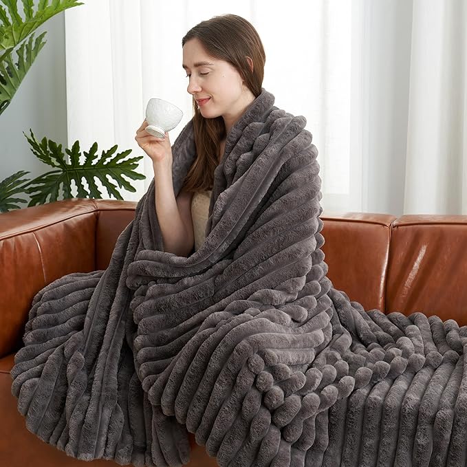 Amélie Home Faux Fur Throw Blanket for Couch, Cozy Fuzzy Fluffy Fur Luxurious Soft Striped Plush Gift Blankets for Family Sofa Chair Bed Living Room Bedroom, 55"x70", Charcoal Grey-Ruum Studio Home