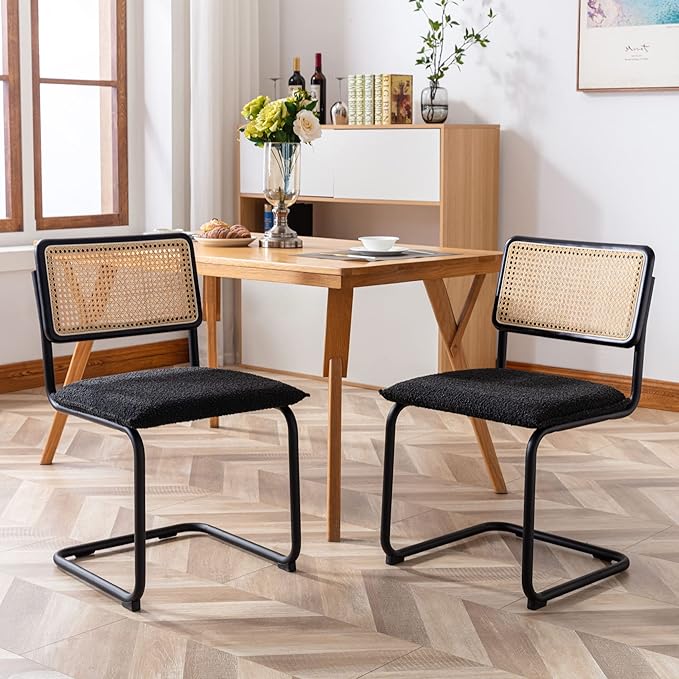 Mid Century Modern Rattan Dining Chairs Set of 4, Boucle Kitchen Chairs with Handwoven Mesh Rattan Backrest and Metal Legs, Upholstered Accent Side Chairs, Black-Ruum Studio Home