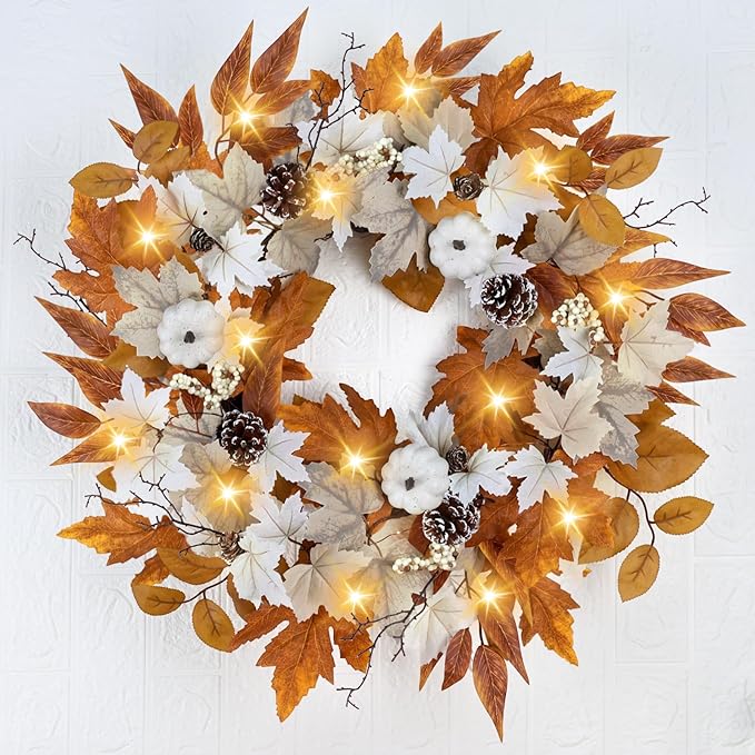 Fall Wreaths for Front Door Outside Autumn Wreath with Lights Berries Pine Cones Fall Decorations for Home Decor Pumpkin Wreath for Farmhouse Holiday Thanksgiving Harvest Halloween Outdoor-Ruum Studio Home