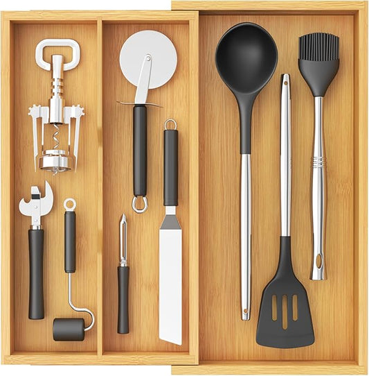 Lifewit Utensil Drawer Organizer, Expendable Cooking Silverware Tray for Kitchen Drawer, Bamboo Adjustable Cutlery Flatware Holder, Spatula Tools and Gadgets Storage Divider, 3 Compartments, Natural-Ruum Studio Home