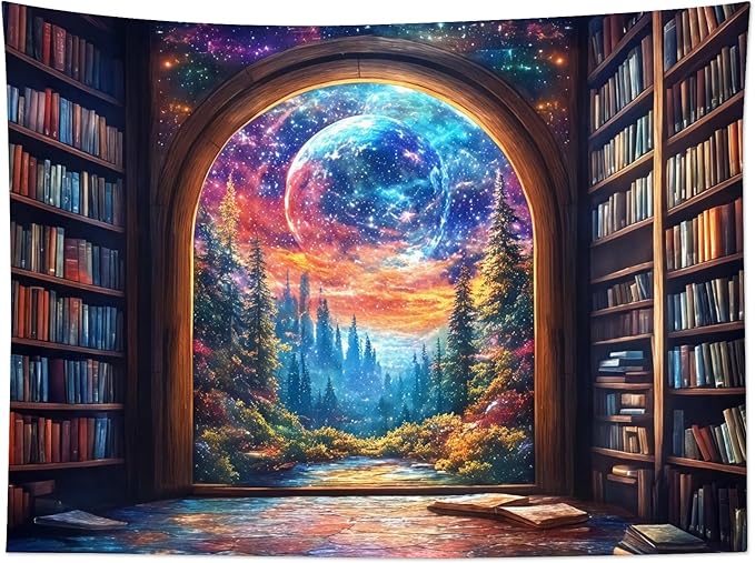 LB Fantasy Bookshelf Moon Tapestry, Trippy Tree and Vintage Library in Forest Wall Tapestry for Bedroom, Galaxy Cool Wall Art for Living Room Dorm Classroom Home Decor Ready to Hanging, 48 x 36 Inches-Ruum Studio Home