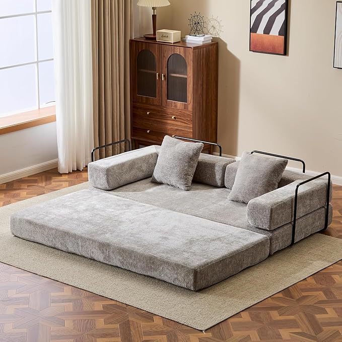 Convertible Sleeper Sofa Bed, Compression Folding Sofa with Pillow, No Assembly Required, Shape Frame, Floor Sofas Lounge Couchs for Living Room, Bedroom, Small Spaces(Chenille, 77''W, Light Grey)-Ruum Studio Home