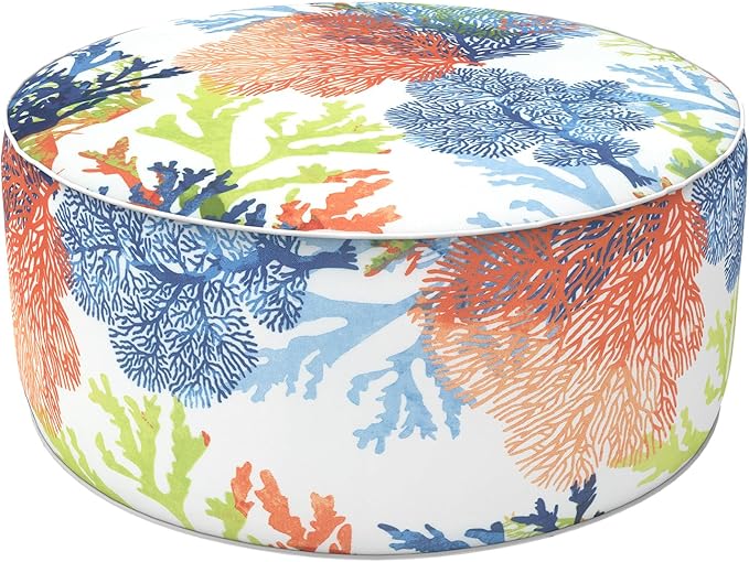 LVTXIII Outdoor Inflatable Ottoman, Patio Fade-Resistant Footrest Stool with Handle, Portable Round Ottoman Pouf for Patio Garden, Camping or Home Use, 21"x21"x9", Coral Multi-Ruum Studio Home