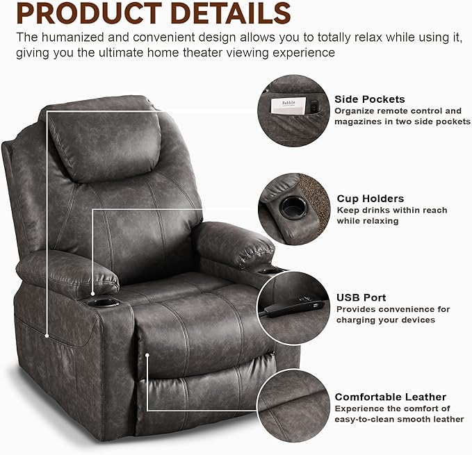 SALOHZA Power Lift Recliner Chair for Elderly with Massage and Heat for Living Room, Electric Recliner Chair for Adults with USB/Type C Port/Cup Holders, PU Faux Leather, Grey-Ruum Studio Home