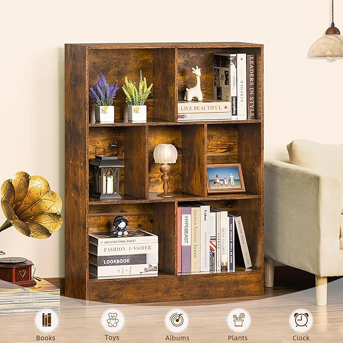 LEYAOYAO 7 Cube Bookshelf with Wood Base, Brown 3 Tier Mid-Century Modern Bookcase,Standing Wide Bookshelves Storage Organizer Shelf,Rustic Display Cabinet Book Shelves for Bedroom,Living Room,Office-Ruum Studio Home