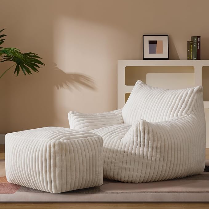 Oversized Bean Bag Chaise Lounge Chair Indoor for Adults with Armrests & Ottoman - Giant Comfy Beige Beanbag Lazy Floor Sofa Cloud Accent Chair for Reading, Gaming, Cozy Fluffy Cloud Mini Couch-Ruum Studio Home