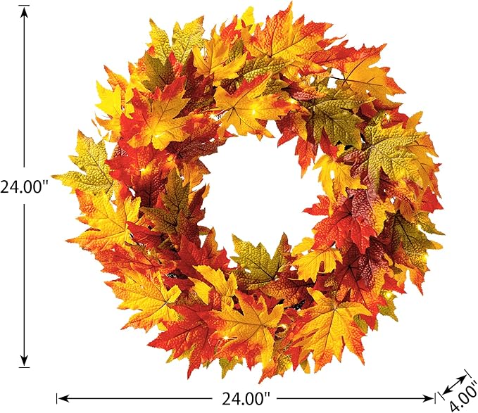 Glitzhome 24 Inch Pre-lit Fall Wreath, Autumn Wreath for Front Door, Lighted Maple Leaves Wreaths with Timer for Thanksgiving Halloween Christmas Wall Front Porch Home Decoration-Ruum Studio Home