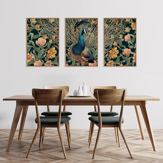 HLNIUC Peacock Framed Canvas Wall Art,Large Peacock Flower Wall Decor Set of 3(16”x24”)Modern Elegance Peacocks Floral Framed Painting,Vintage Beautiful Animal Feather Art Print for Living Room,Office-Ruum Studio Home
