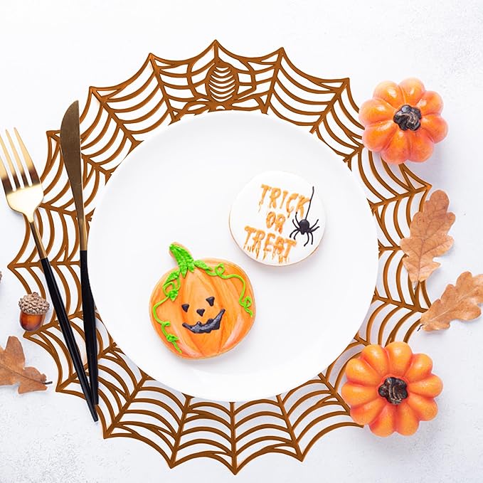Sfcddtlg 6 Pcs Halloween Spider Web Placemats- 15"" Heat Insulation Halloween Placemats Spider Web Table Mats- Hollow Out Spiderweb Coasters Placemat for Dining Table Halloween Decoration (Brown)-Ruum Studio Home