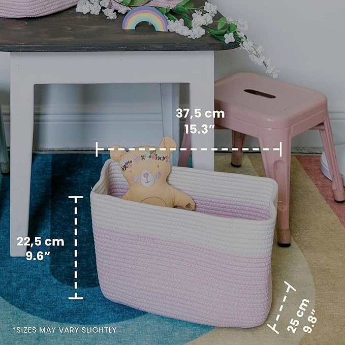 OrganiHaus Set of 3 Woven Storage Baskets for Organizing, Cotton Rope Organizer Bins for Shelves, Closet & Nursery, Dog Toy Basket, Decorative Bins for Toys, Towels & Books - 15x10x9, Pink/Off-White-Ruum Studio Home