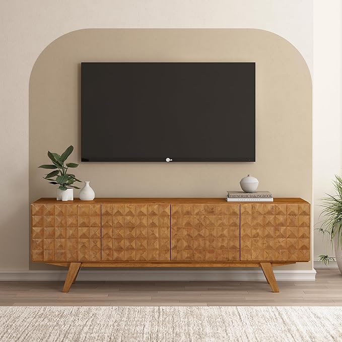 NTC Sapa Mid-Century Modern Solid Wood TV Stand 4-Door Media Console with Carved Geometric Fronts for TVs up to 75", Effortless Assembly, Teak Look-Ruum Studio Home
