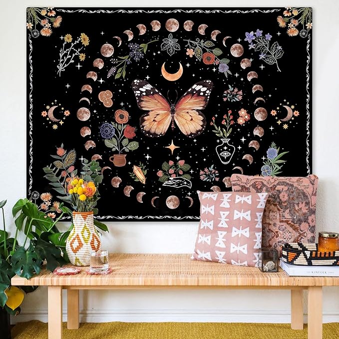 Fowocu Orange Butterfly Moon Flower Tapestry Boho Floral Plant Tapestries for Bedroom Aesthetic Tapastry's Wall Hanging Mandala Botanical Wall Tapestry for Living Room Dorm (Yellow, 80'' × 60'')-Ruum Studio Home