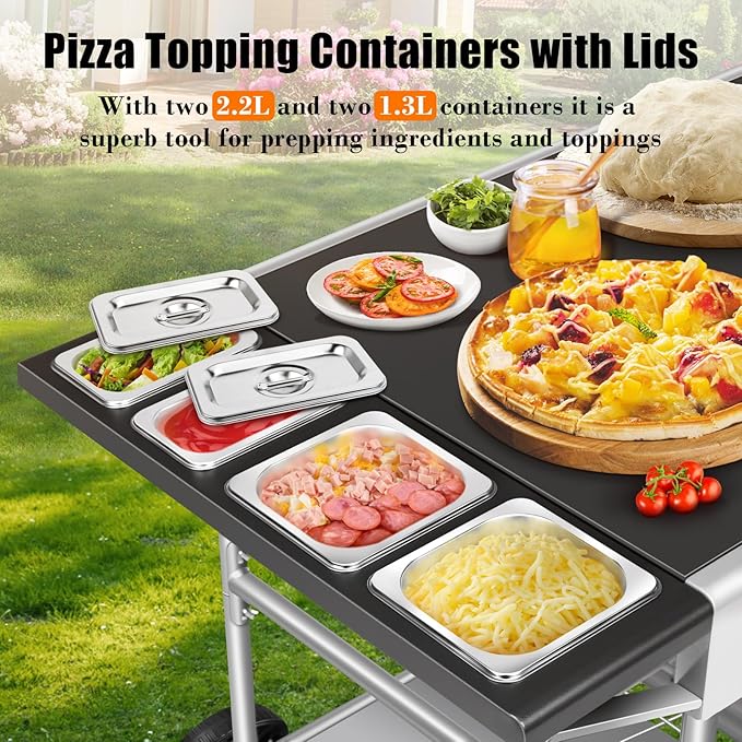 Pizza Oven Table with Topping Station, Outdoor Pizza Oven Cart, Grill Table for Outside, Grill Cart, Food Prep Work cart Fits for Ninja Woodfire Grill, Blackstone Griddle,Tabletop Grill-Ruum Studio Home